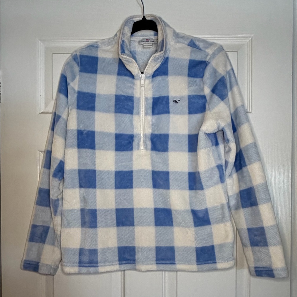 Vineyard Vines Fleece Blue and White Plaid Zip-Up Pullover